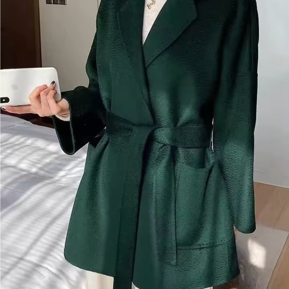 Women’s Belted genuine wool  Dark Green Coat
